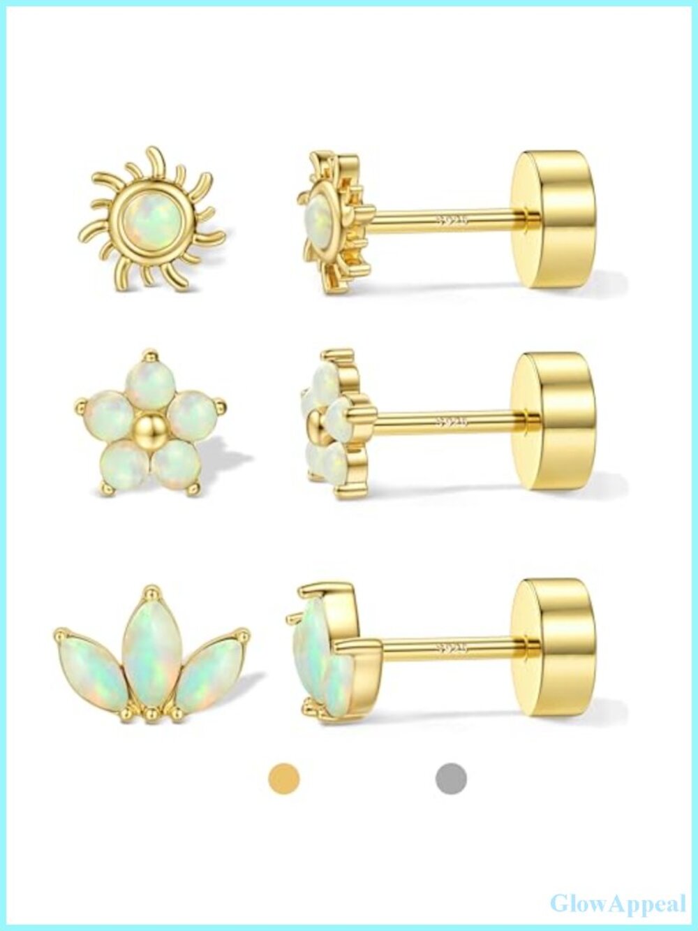 925 Sterling Silver Flat Back Stud Earrings for Women 3 Pairs Gold Plated